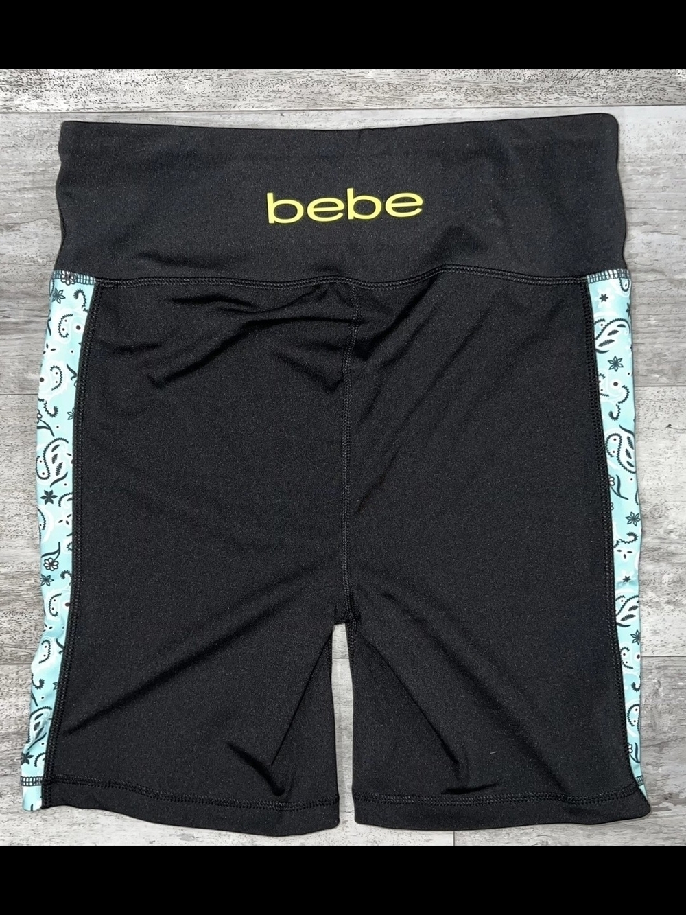 bebe Black Bike Shorts with Aqua Paisley Side Panels